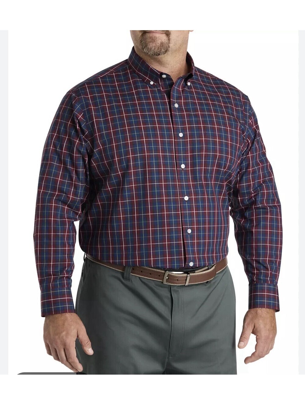 Oak Hill Mens Button Down Shirt Plaid Cotton Wrinkle Free Burgundy Navy Sz 2XLT